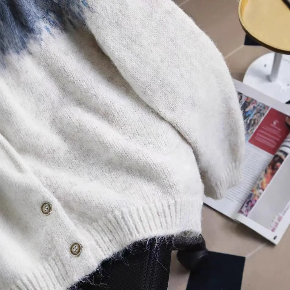 Women's loose fit jacquard knit sweater coat in contrast colours