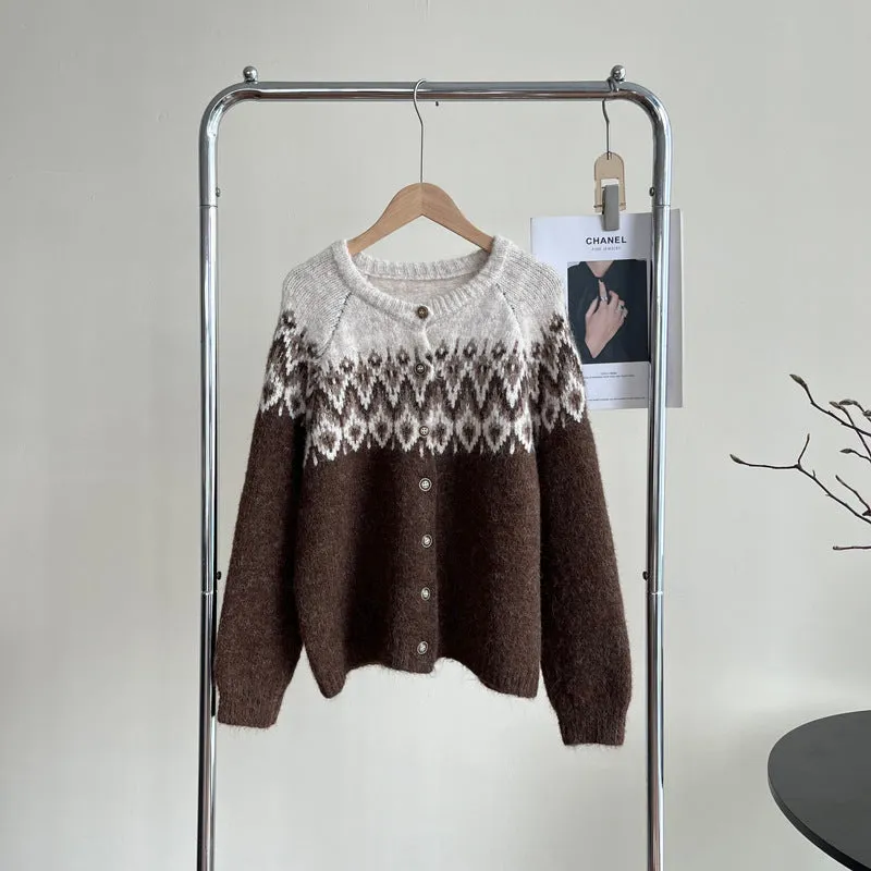 Women's loose fit jacquard knit sweater coat in contrast colours