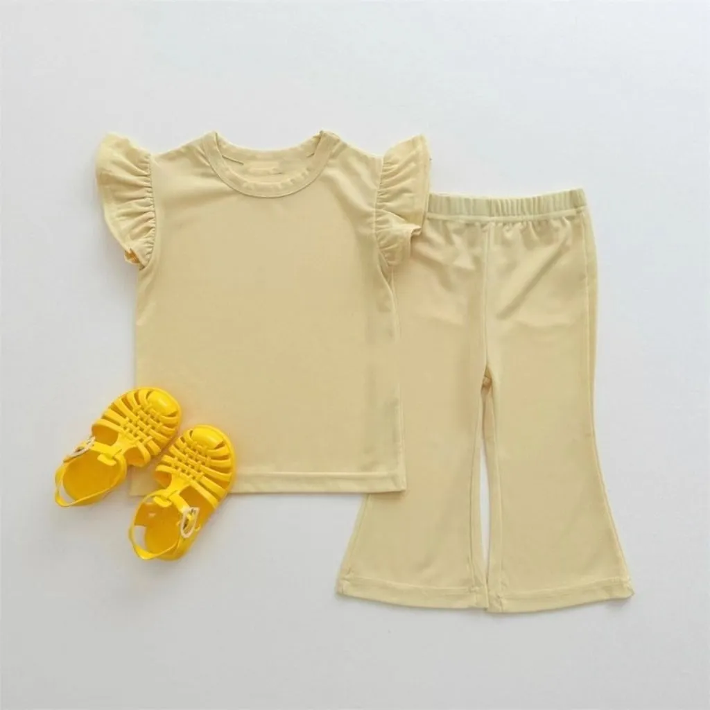 Girls' simple two-piece suit in solid colour cotton with top and pants, available in purple