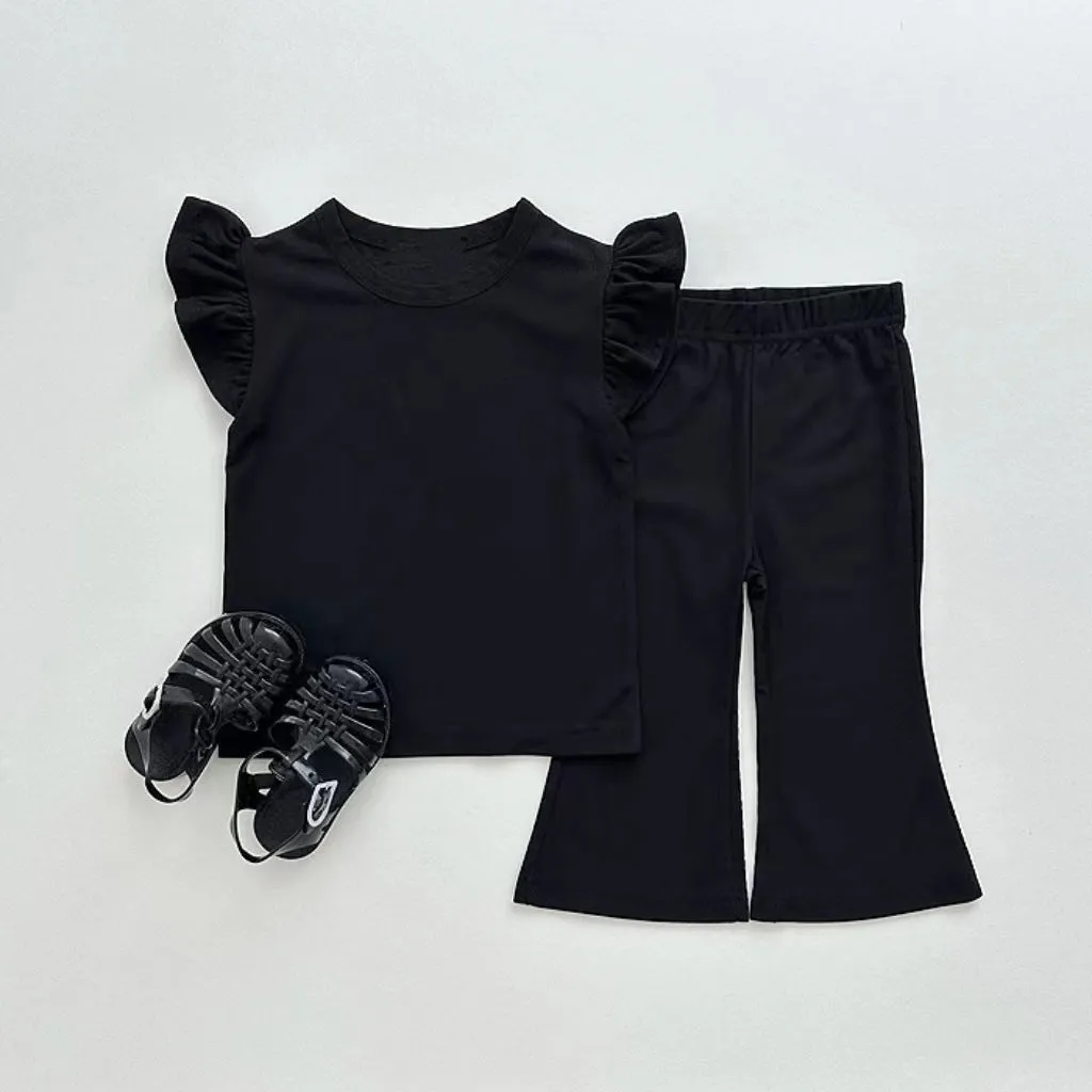 Girls' simple two-piece suit in solid colour cotton with top and pants, available in purple