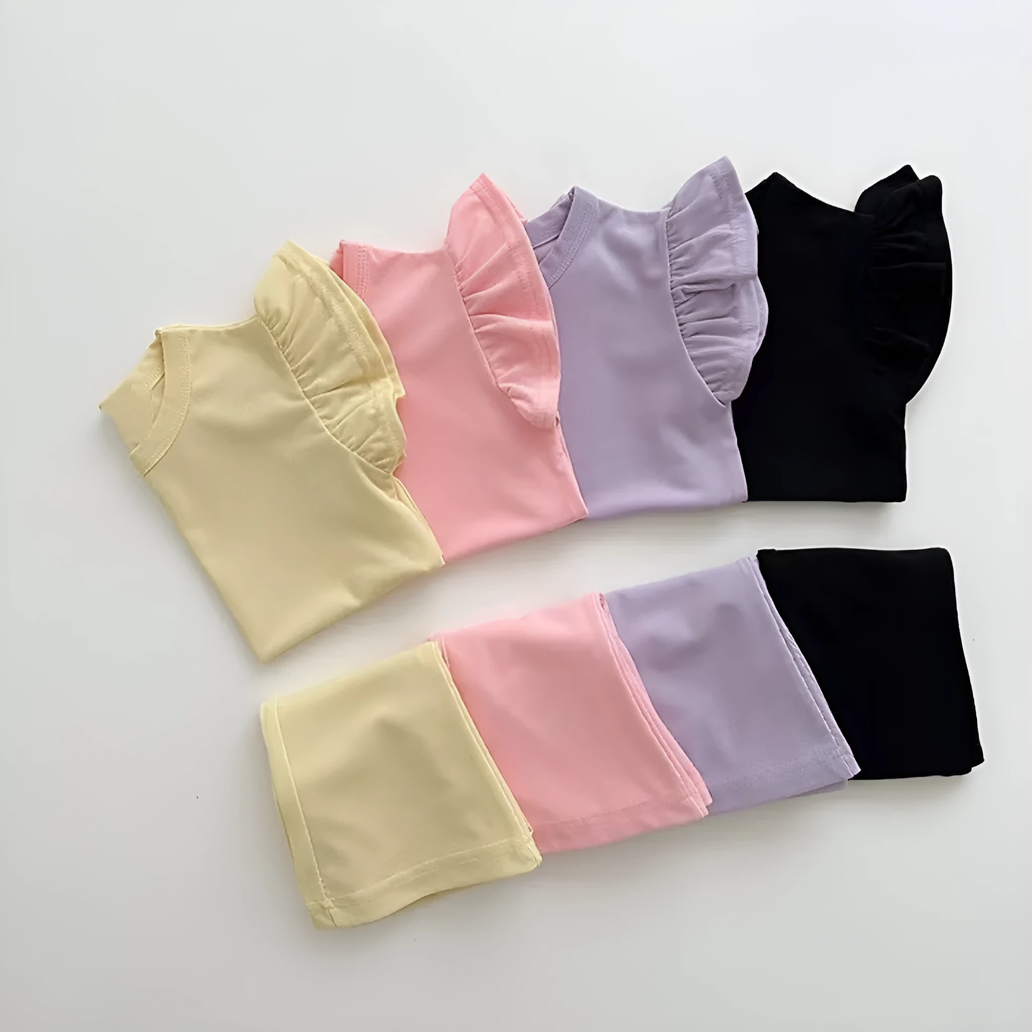 Girls' simple two-piece suit in solid colour cotton with top and pants, available in purple