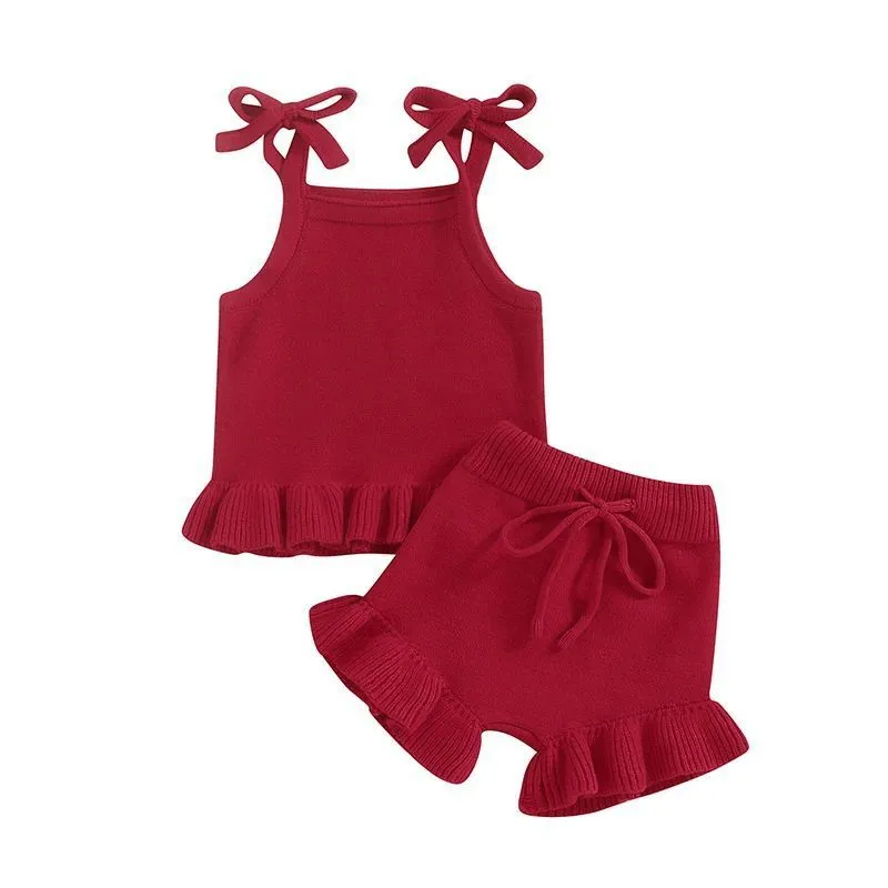 Baby girl knitted corduroy shorts clothing suit in khaki with top and pants set for casual wear
