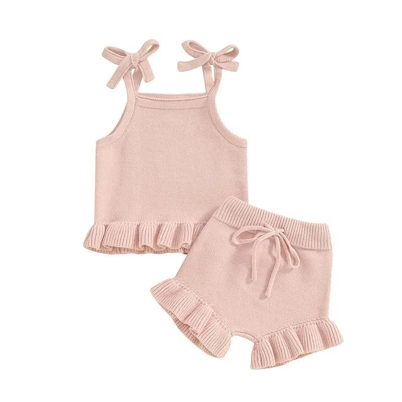 Baby girl knitted corduroy shorts clothing suit in khaki with top and pants set for casual wear