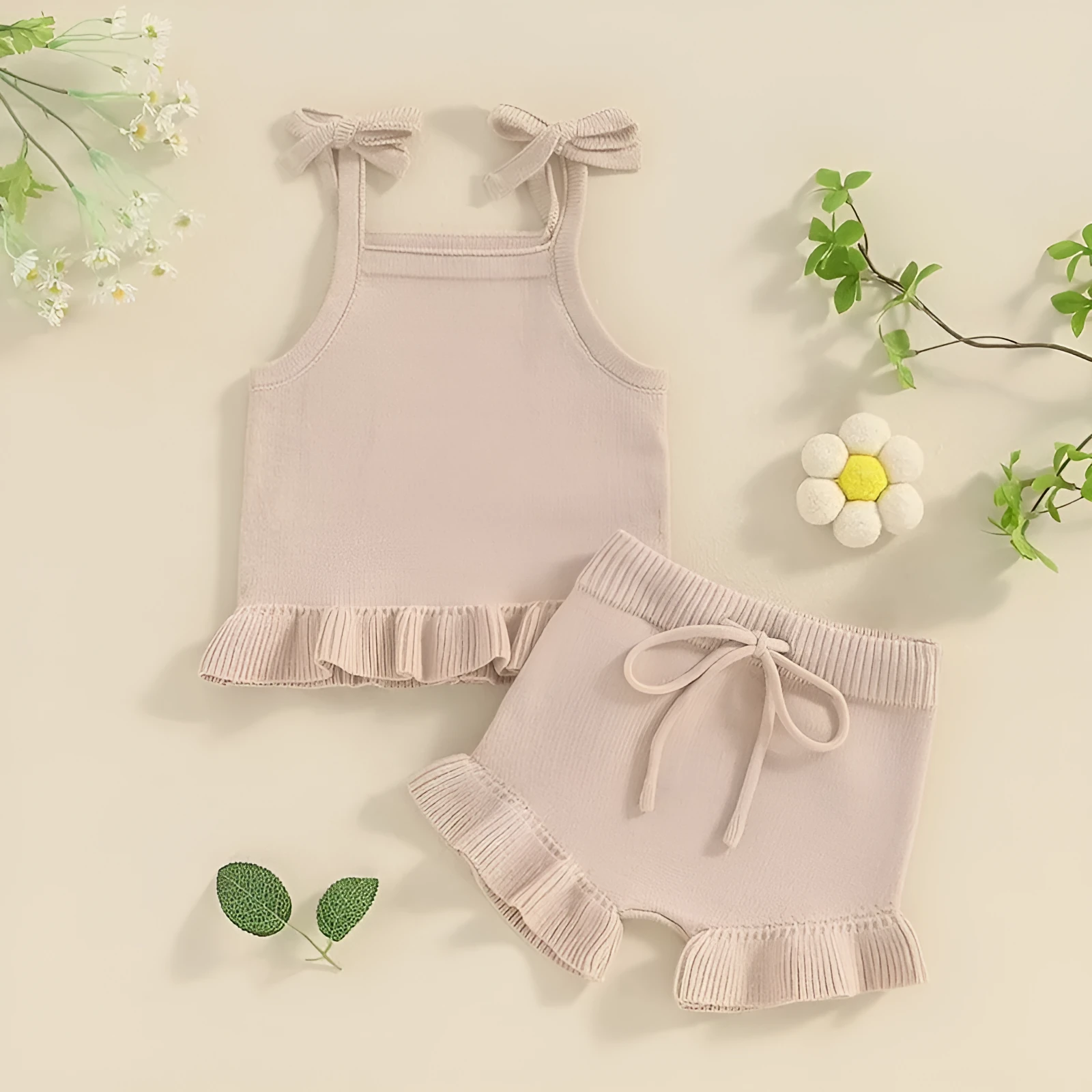 Baby girl knitted corduroy shorts clothing suit in khaki with top and pants set for casual wear