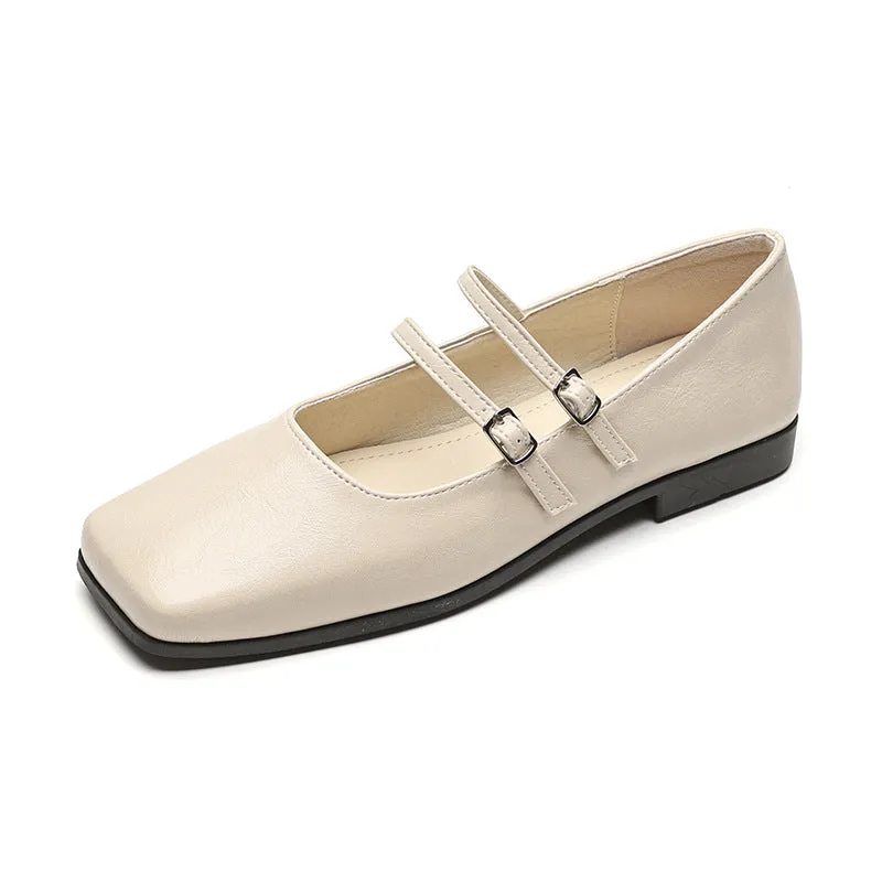 Women's silver leather Mary Jane ballet pumps with cross buckle strap and flat low heel.