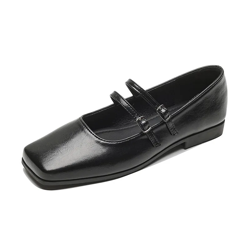 Women's silver leather Mary Jane ballet pumps with cross buckle strap and flat low heel.