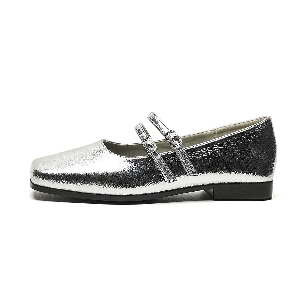 Women's silver leather Mary Jane ballet pumps with cross buckle strap and flat low heel.