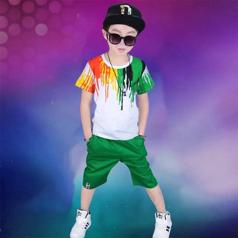 Childrens clothes set summer short sleeve top and shorts green orange Korean style boys 100-150cm