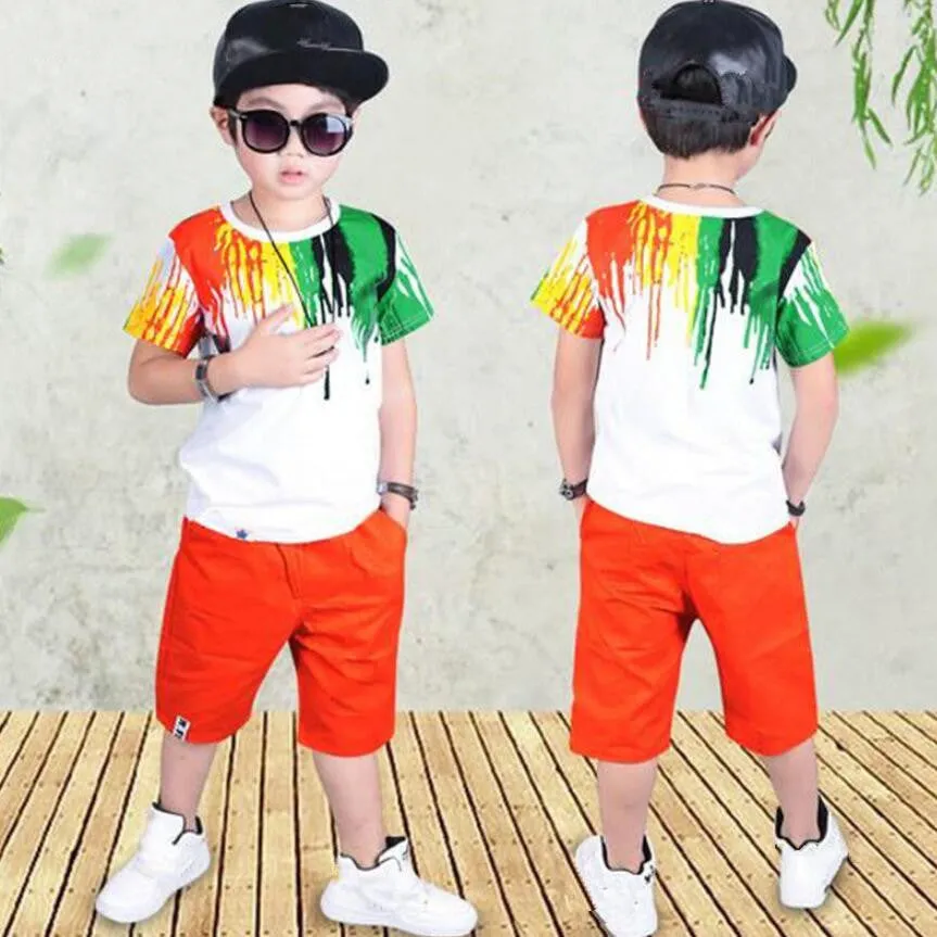 Childrens clothes set summer short sleeve top and shorts green orange Korean style boys 100-150cm