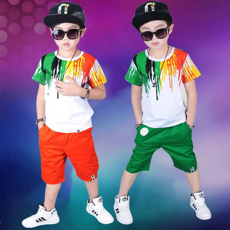 Childrens clothes set summer short sleeve top and shorts green orange Korean style boys 100-150cm