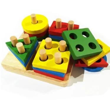 Wooden geometric puzzle toy with colourful shapes and sticks for baby and toddler educational play