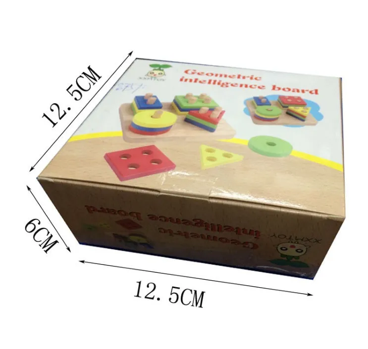 Wooden geometric puzzle toy with colourful shapes and sticks for baby and toddler educational play