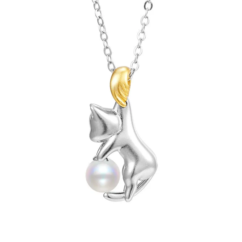 925 sterling silver clavicle chain necklace with electroplated cat charm pendant
