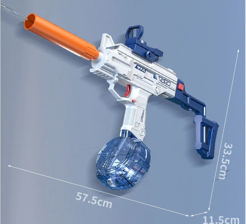 Children automatic electric UZI backpack water gun in technology blue with long barrel and double water clip on grass.