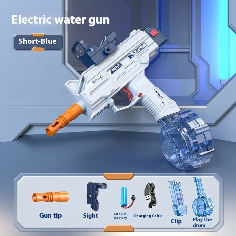 Children automatic electric UZI backpack water gun in technology blue with long barrel and double water clip on grass.