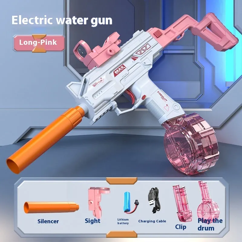 Children automatic electric UZI backpack water gun in technology blue with long barrel and double water clip on grass.