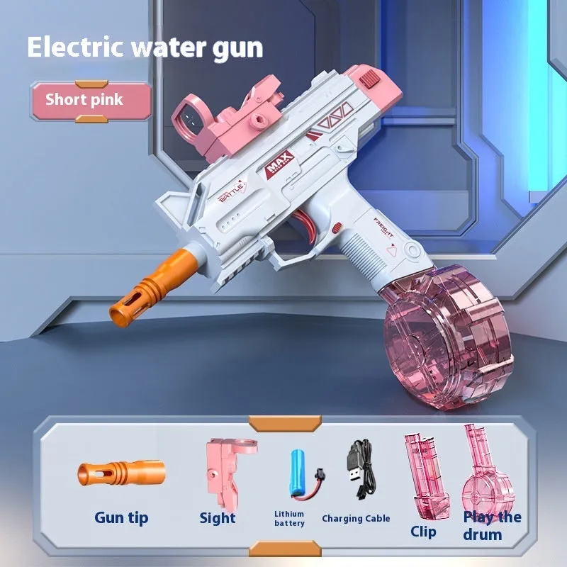Children automatic electric UZI backpack water gun in technology blue with long barrel and double water clip on grass.