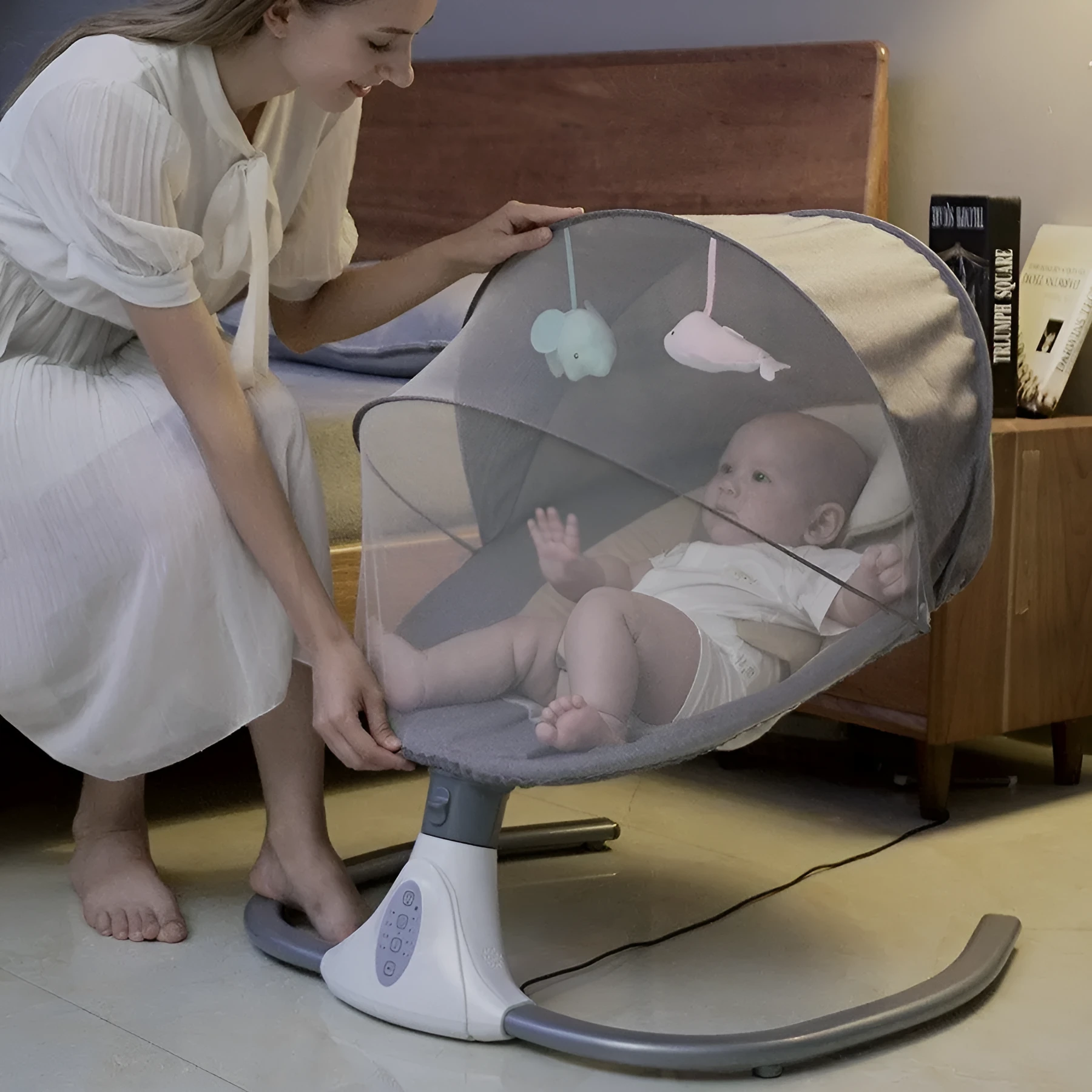 Baby rocking chair electric smart cradle in cherry blossom pink with Bluetooth remote control for infants 1-14 months