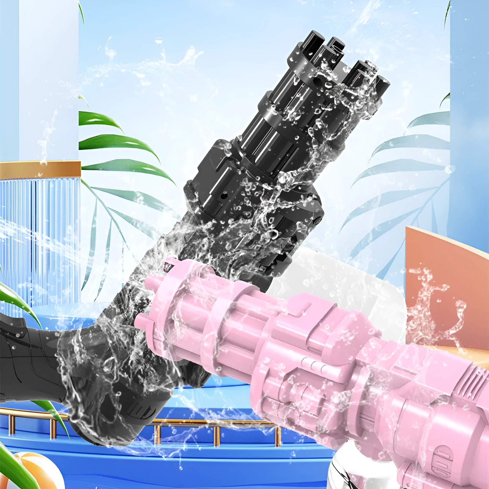 Essential electric water gun in black plastic, 31cm long, with USB charging cable included