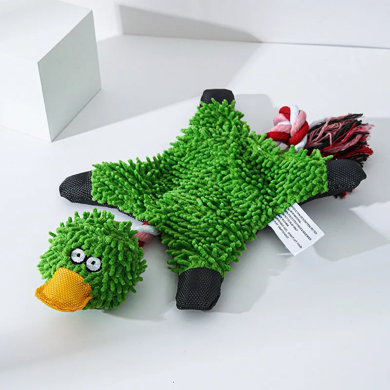 Mop plush duck dog toy in green on neutral background