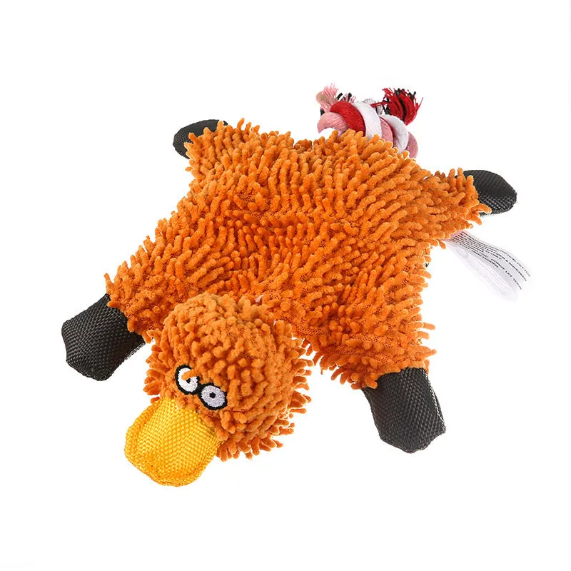 Mop plush duck dog toy in green on neutral background