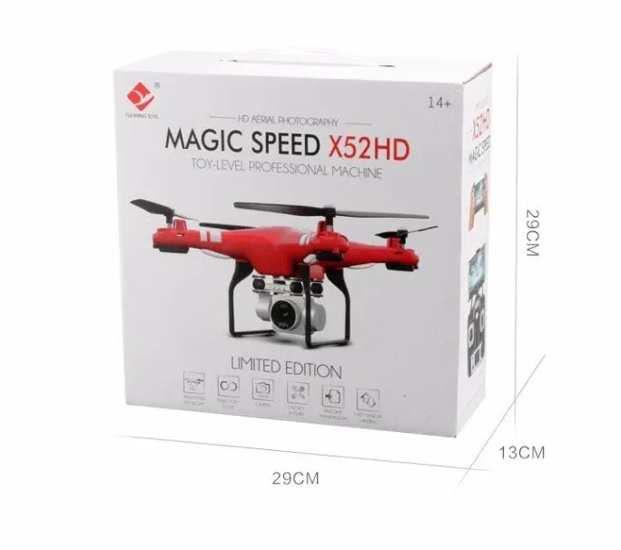 X52 RC quadcopter drone with 1080P camera, black fuselage, and four rotor arms on a white background