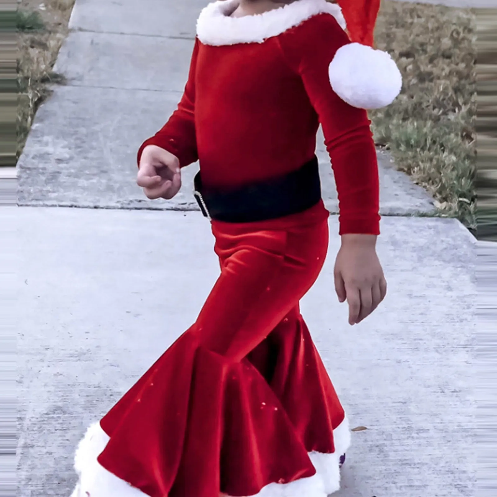 Red Korean velvet three-piece children's Christmas set with long-sleeved shirt, bell bottoms, and hat on child