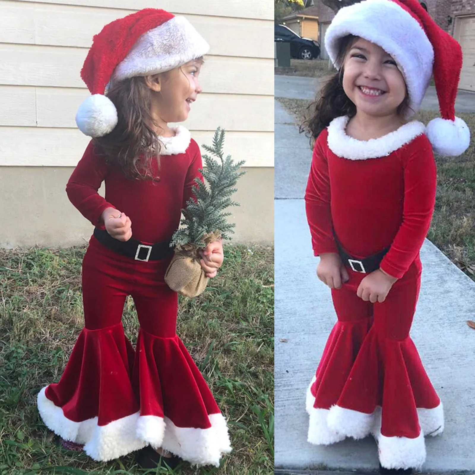 Red Korean velvet three-piece children's Christmas set with long-sleeved shirt, bell bottoms, and hat on child