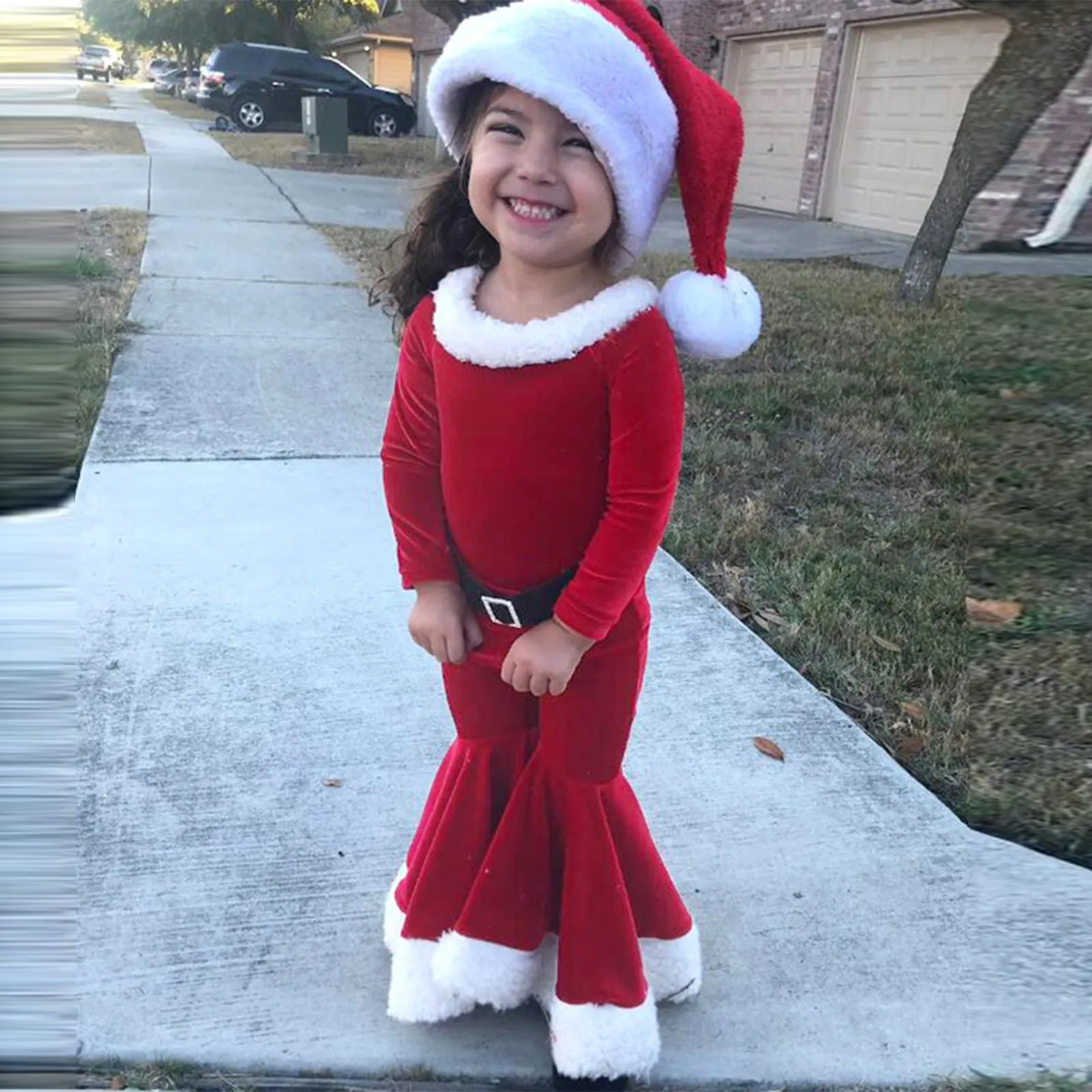 Red Korean velvet three-piece children's Christmas set with long-sleeved shirt, bell bottoms, and hat on child