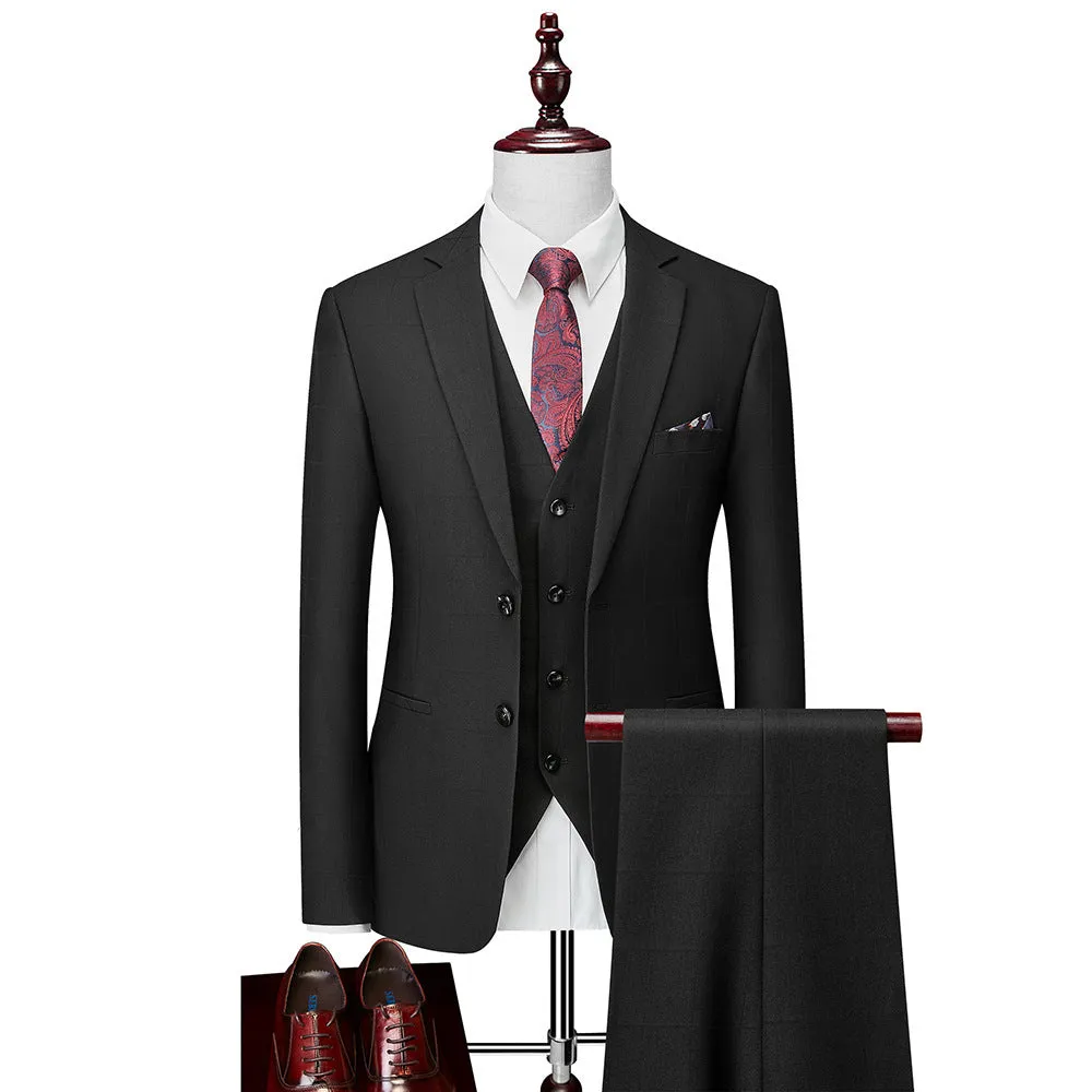 Men's navy blue slim fit three-piece plaid suit with vest, jacket and trousers on hanger