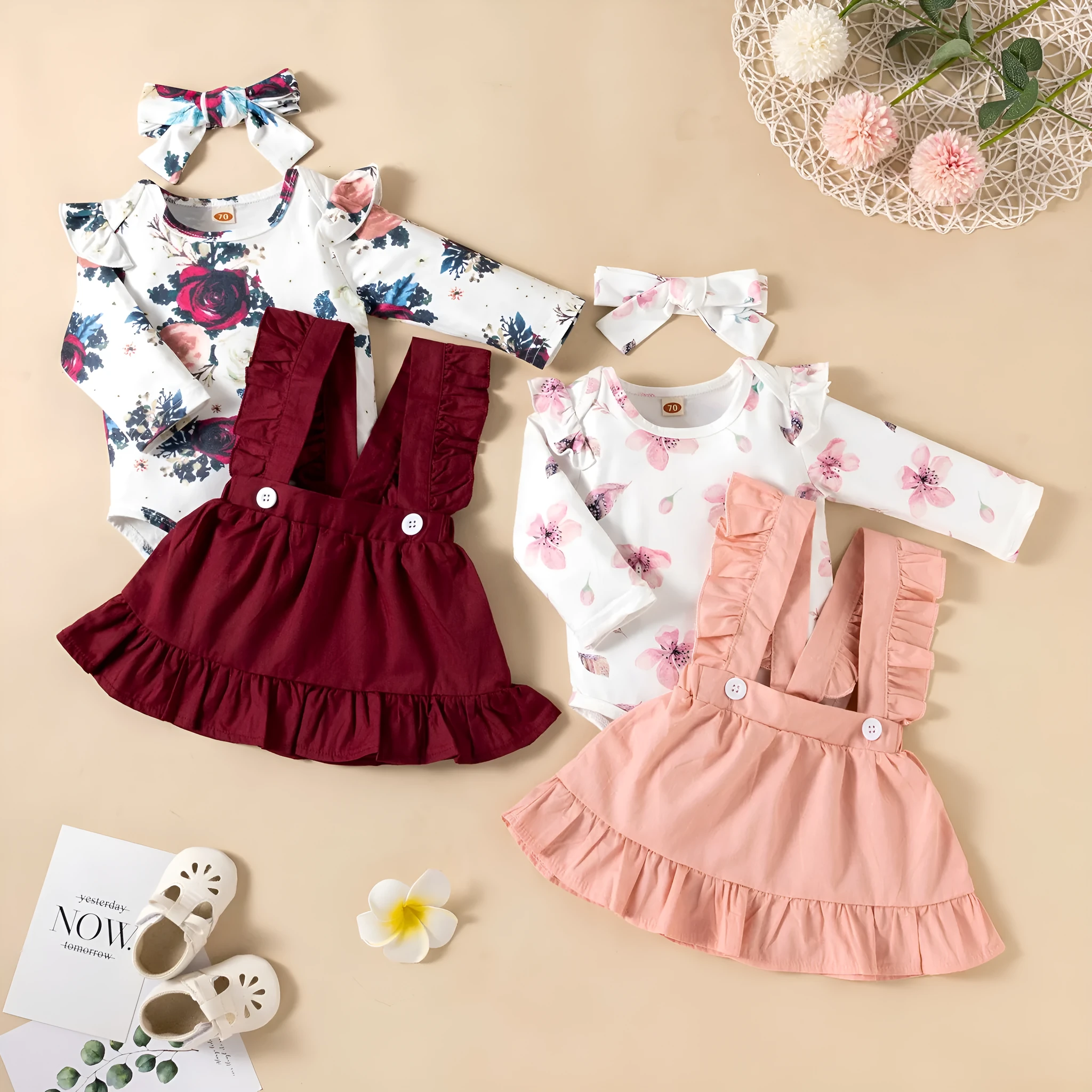 Pink cotton baby girl romper three-piece set with printed long-sleeved ruffled dress, strap skirt, and headdress