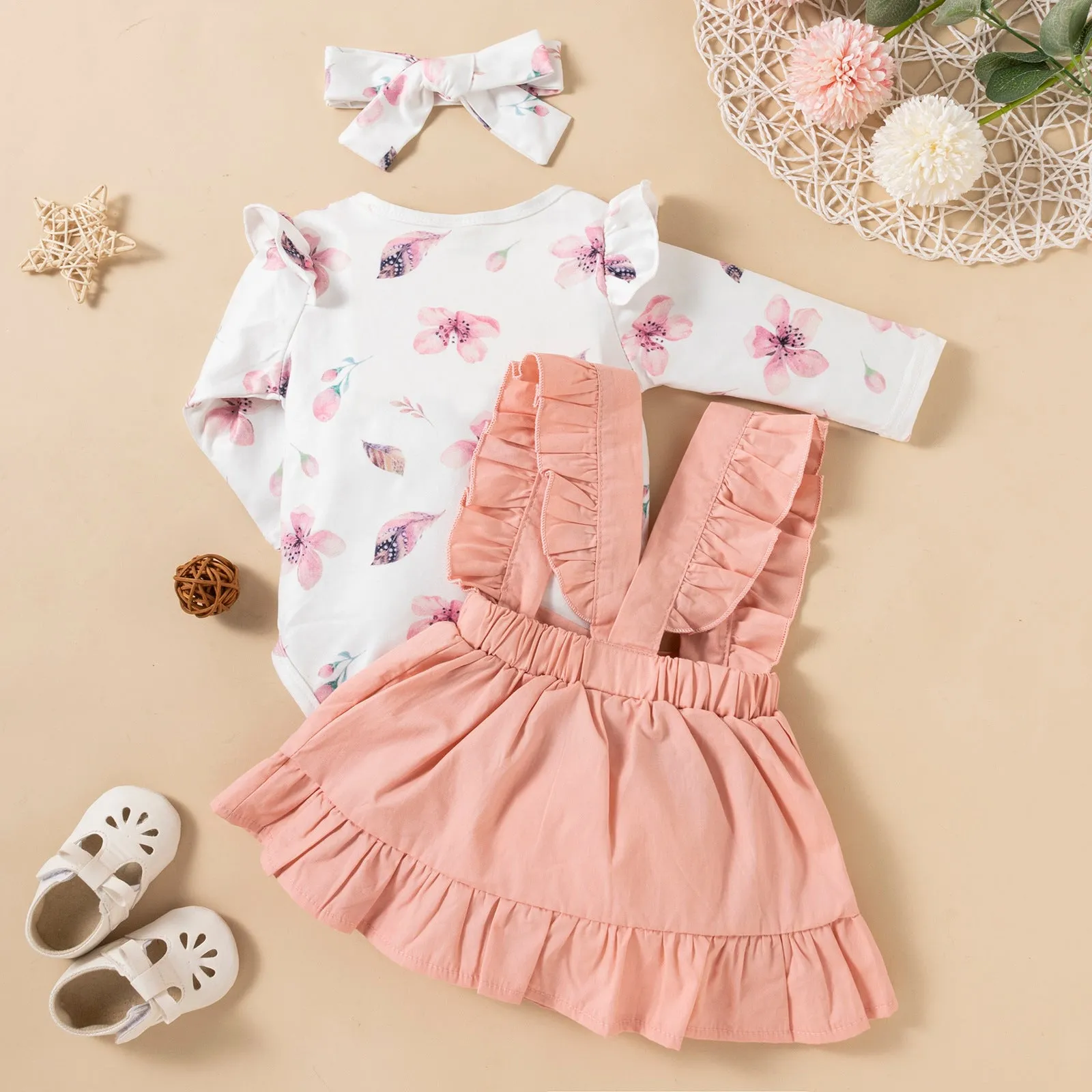 Pink cotton baby girl romper three-piece set with printed long-sleeved ruffled dress, strap skirt, and headdress