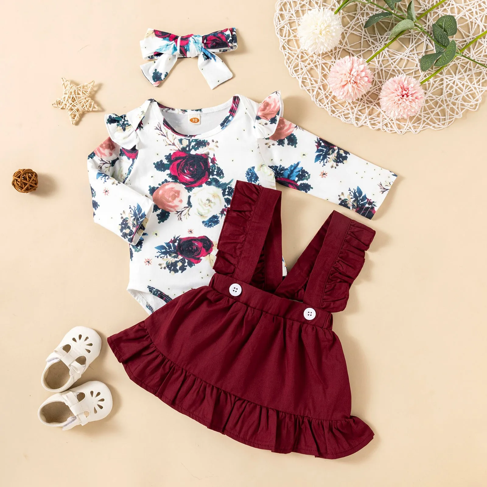 Pink cotton baby girl romper three-piece set with printed long-sleeved ruffled dress, strap skirt, and headdress