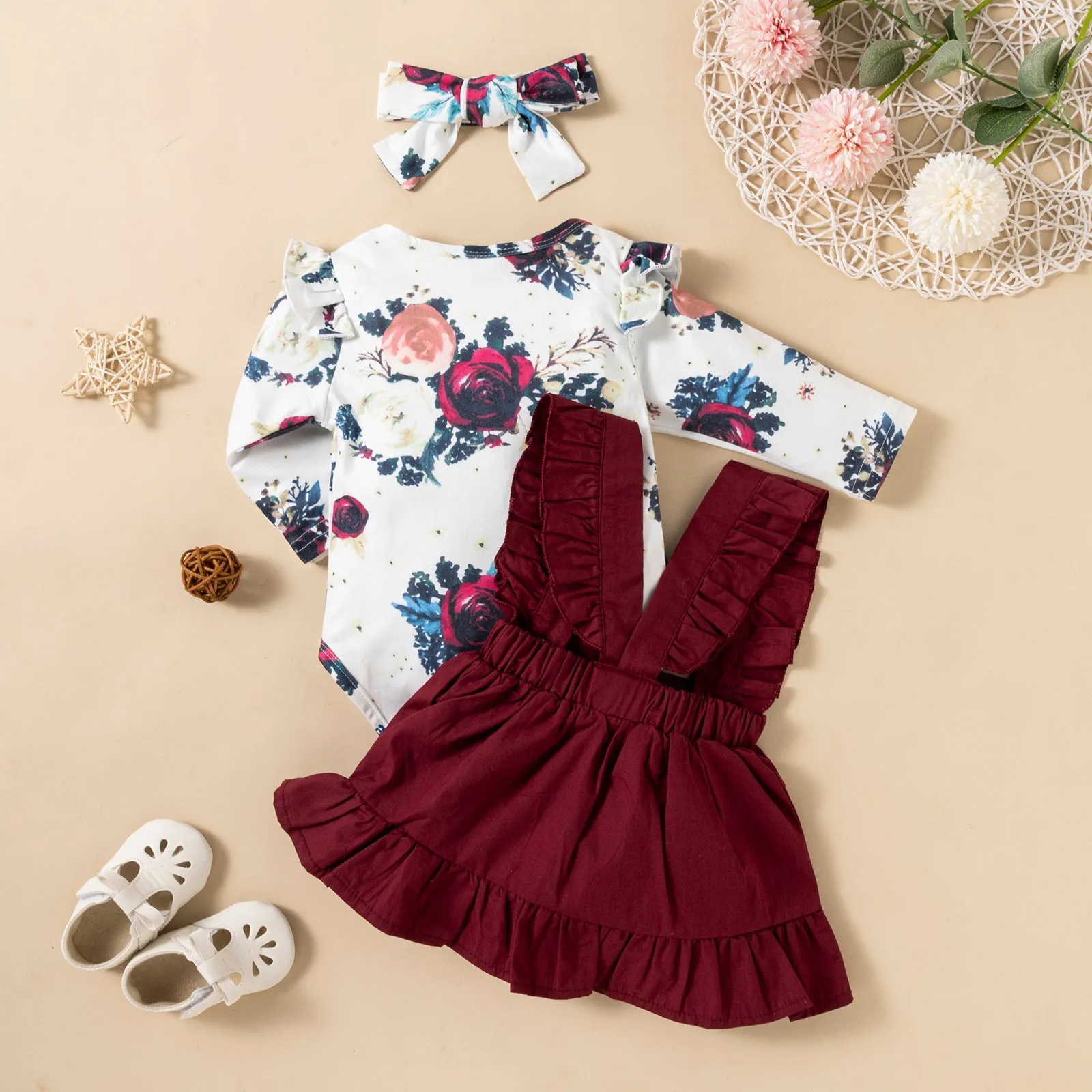 Pink cotton baby girl romper three-piece set with printed long-sleeved ruffled dress, strap skirt, and headdress