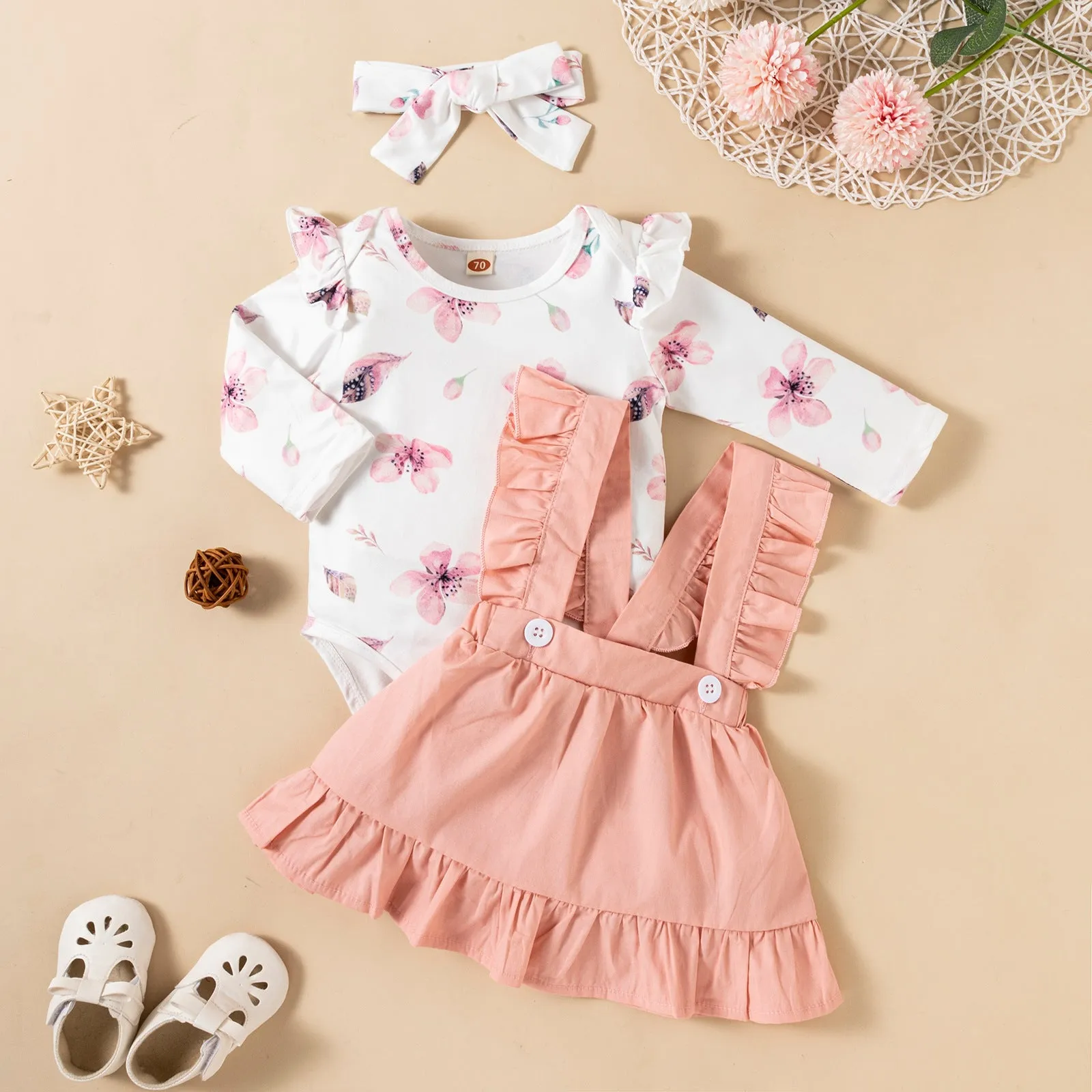 Pink cotton baby girl romper three-piece set with printed long-sleeved ruffled dress, strap skirt, and headdress