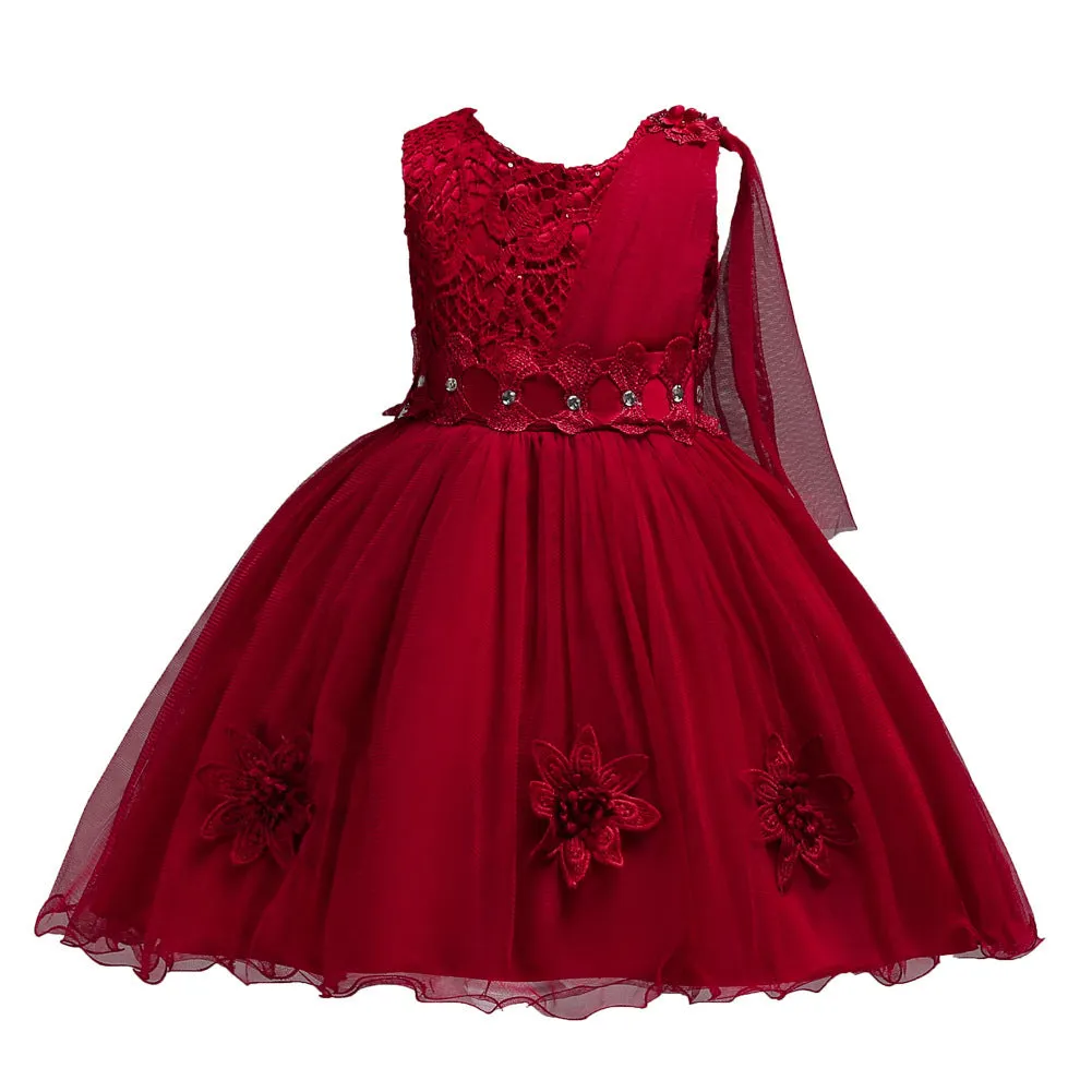 Baby girl A-line satin dress in rose red colour with structured collar and short sleeves