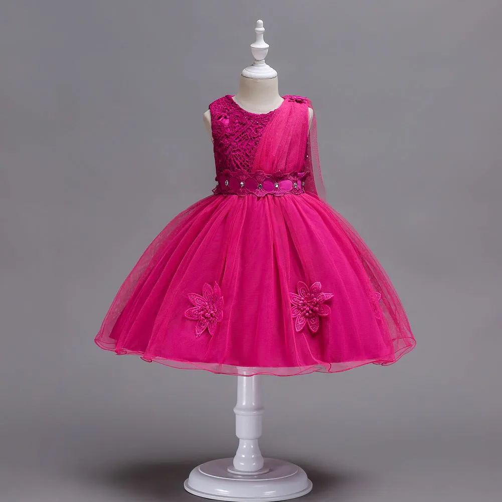 Baby girl A-line satin dress in rose red colour with structured collar and short sleeves