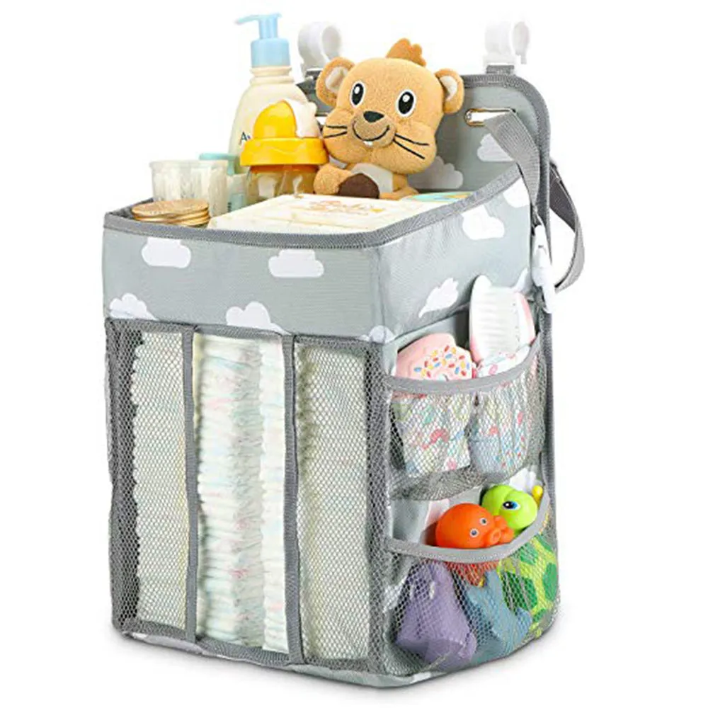 Grey portable baby crib organizer hanging bag with two hooks and compartments
