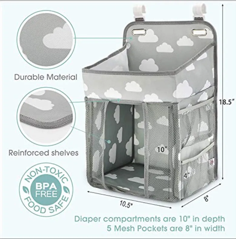 Grey portable baby crib organizer hanging bag with two hooks and compartments