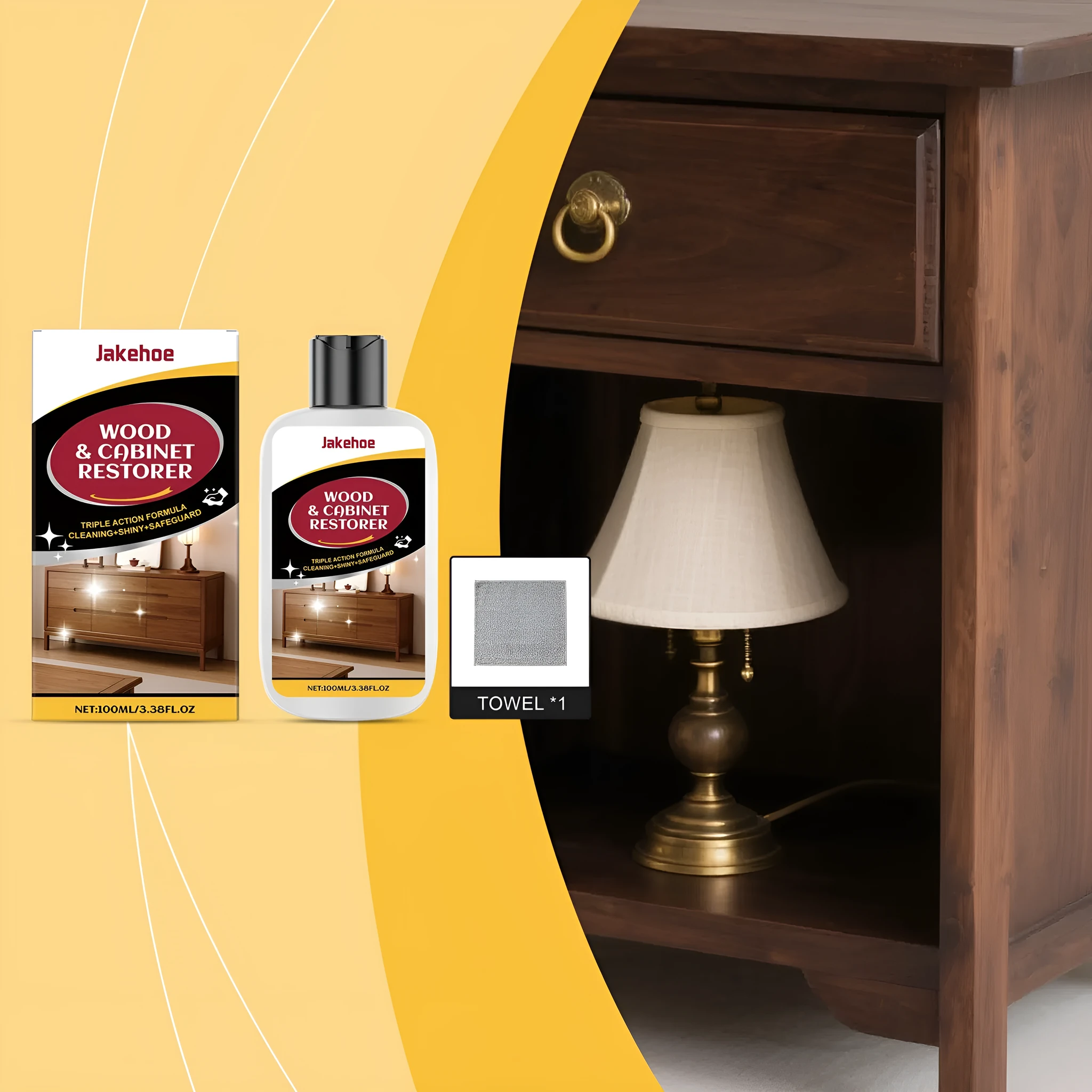 Wooden furniture scratch care agent kit showing 100ml bottle and a white microfibre cloth on a box.