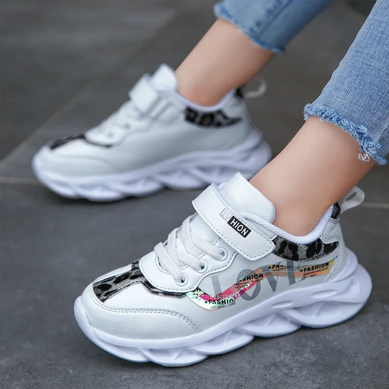 Korean style girls sports shoes in white with Space PU upper and MD sole, side view