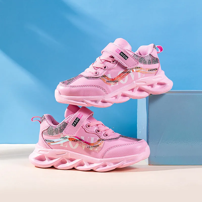 Korean style girls sports shoes in white with Space PU upper and MD sole, side view