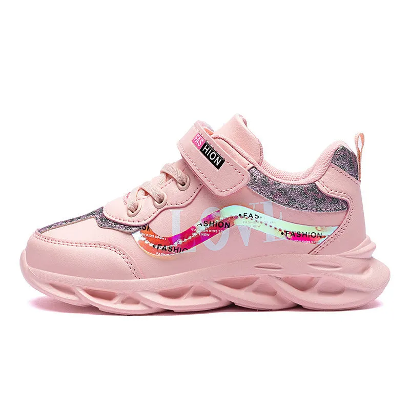 Korean style girls sports shoes in white with Space PU upper and MD sole, side view