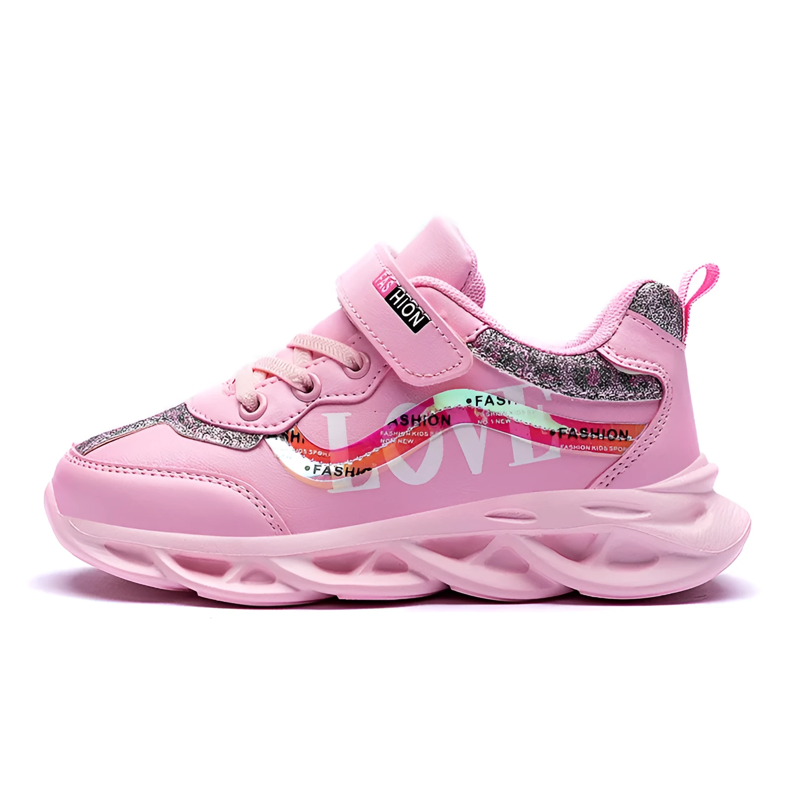 Korean style girls sports shoes in white with Space PU upper and MD sole, side view
