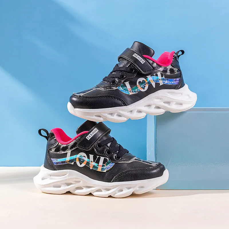 Korean style girls sports shoes in white with Space PU upper and MD sole, side view
