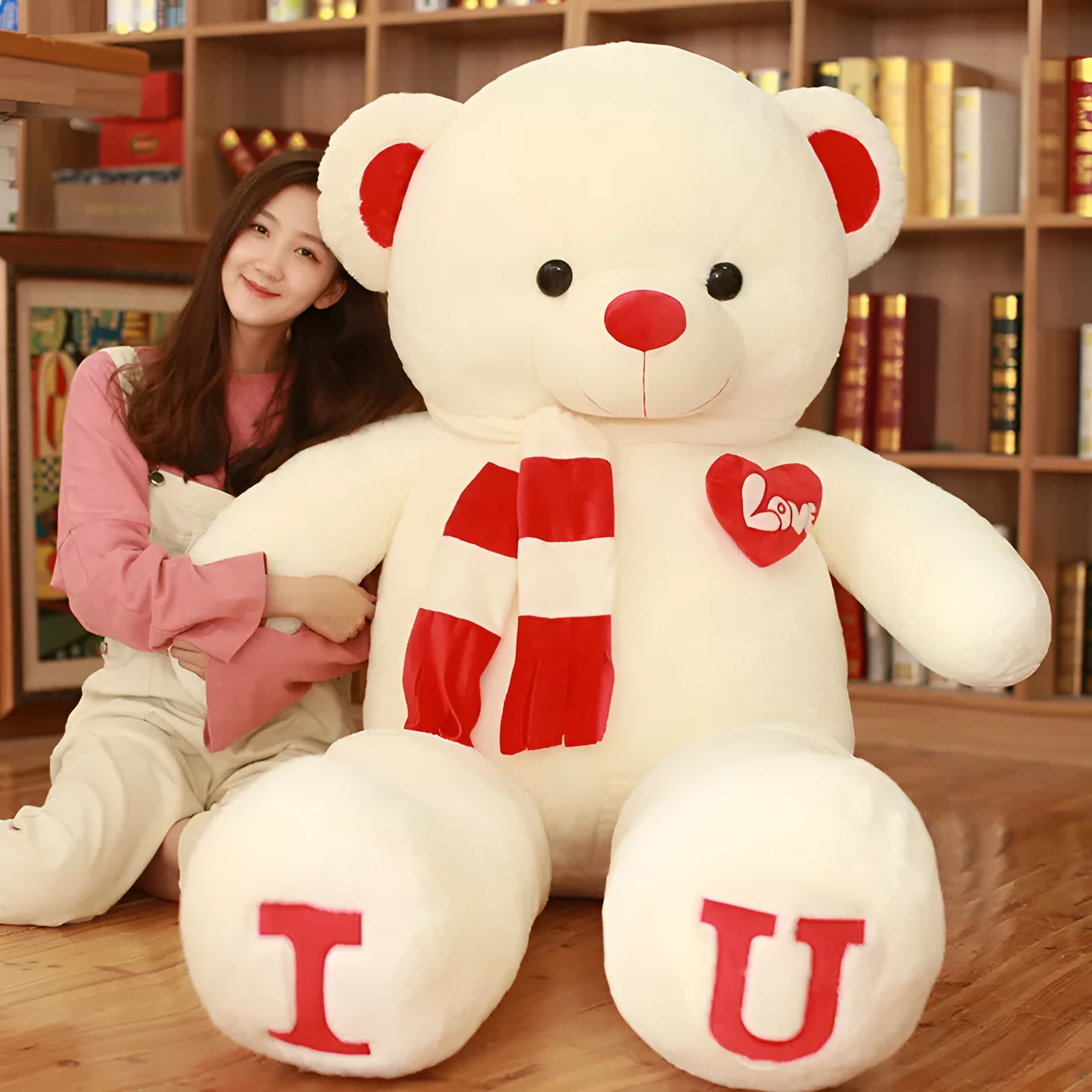 Heart Bear plush toy with heart motif on chest, in khaki colour, 80cm size