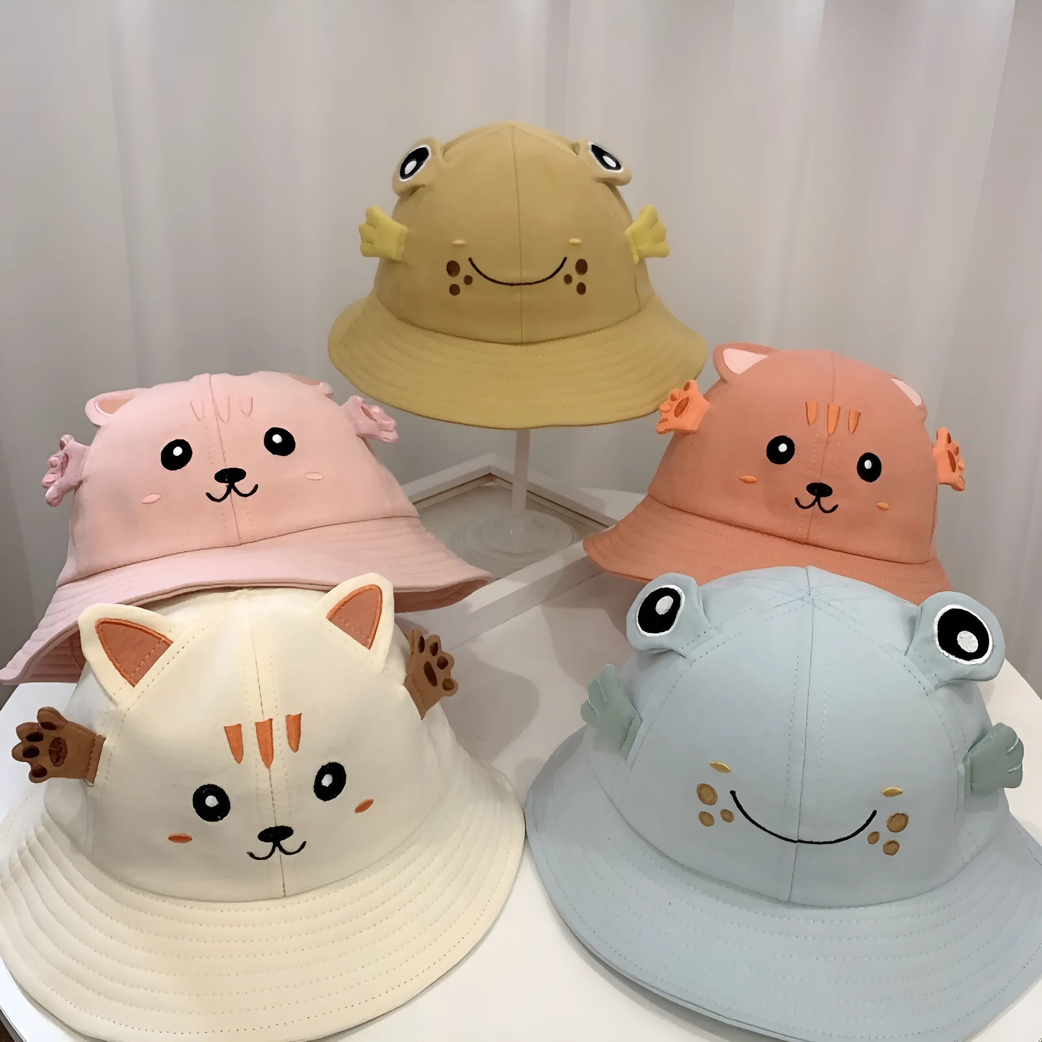 Kitten and Frog cotton sun hat for children, fisherman style, 48 cm head circumference, blue colour
