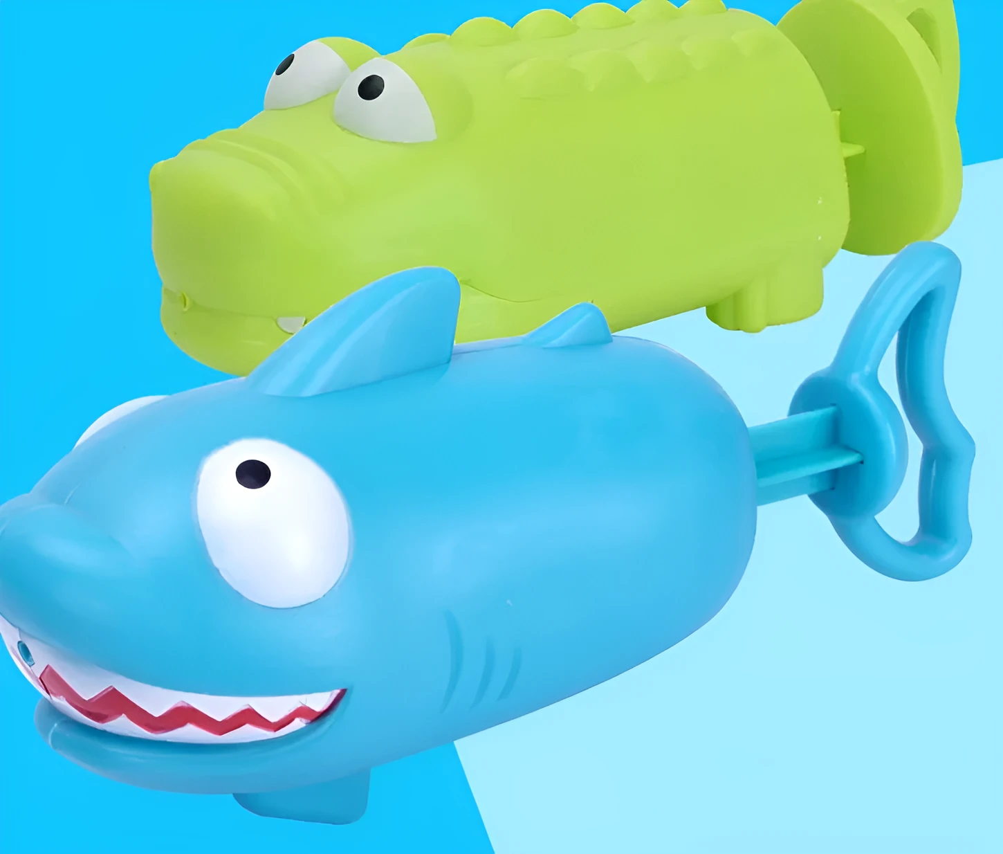 Children's plastic dinosaur water gun bath toy in blue, green, orange, pink, or sky blue on white background