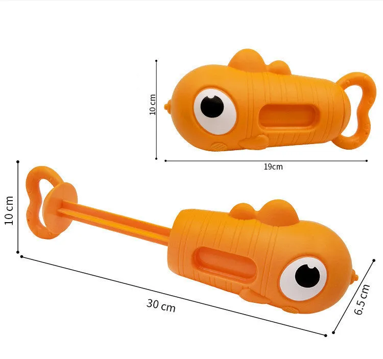 Children's plastic dinosaur water gun bath toy in blue, green, orange, pink, or sky blue on white background