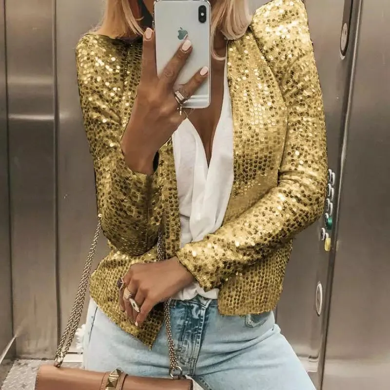 Short casual slim fit sequin coat for women in 50cm length with regular sleeves